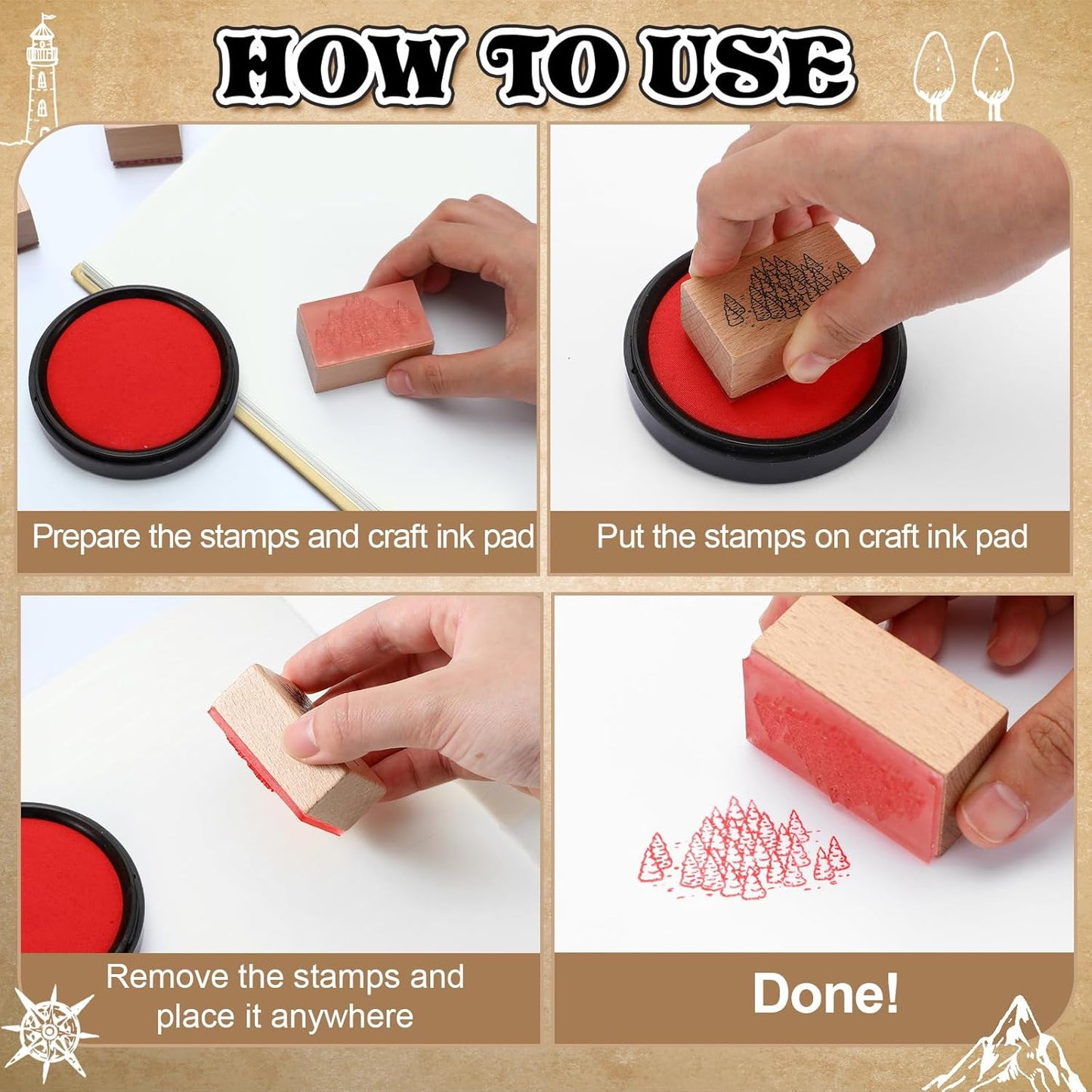 Marspark 24 Pcs Compass Mountains Stamp Combo Map Making Rubber Stamp Kit Compass Outdoor Scenery Stamps for RPG Adventures, Storytelling, and Creative Projects