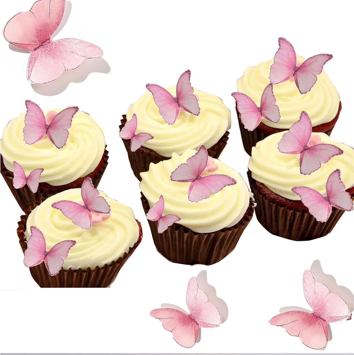 YOcity 48Pcs Edible Butterflies Cake Cupcake Toppers Pink Wafer Paper Butterfly Cake Decorations for Wedding Birthday Party Cupcakes Decorating Pink