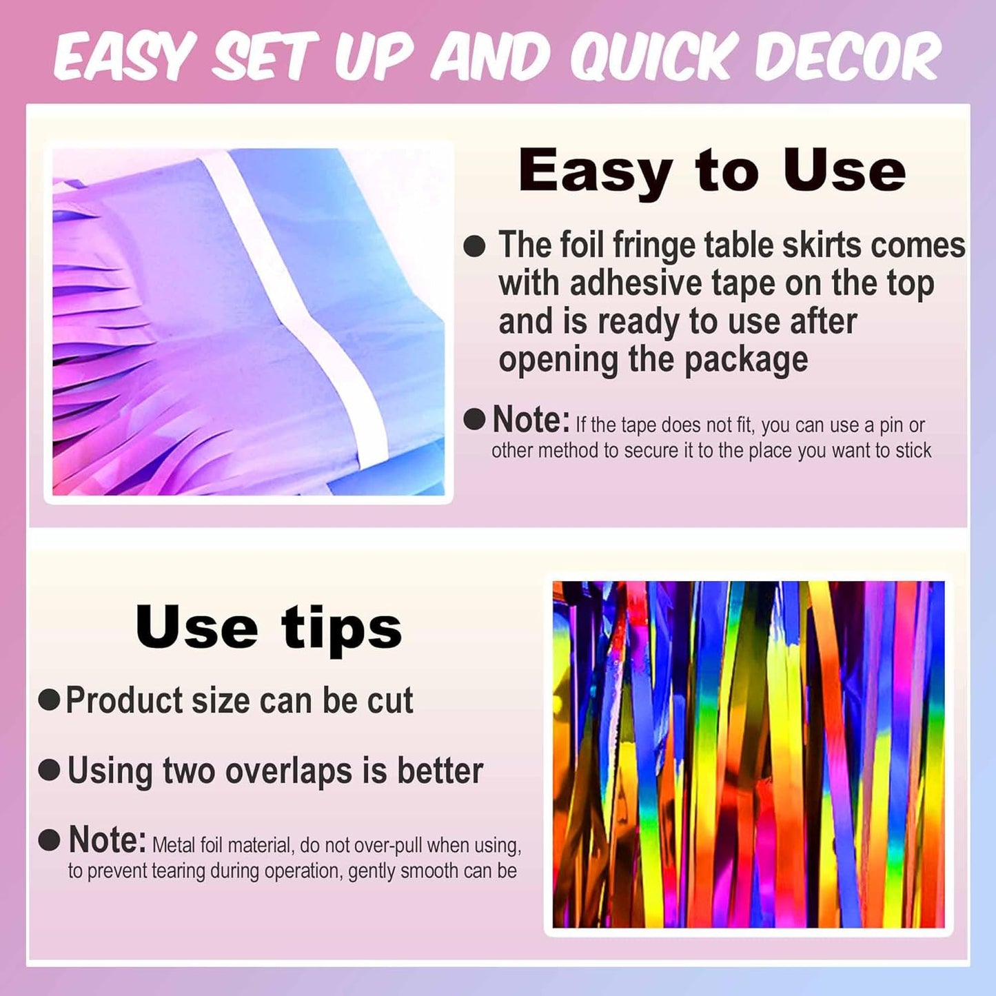 3 Pack 29 x108 Inch Rainbow Foil Fringe Table Skirts Metallic Banner for Tinsel Streamer Garland Backdrop for Parade Floats Mother's Day, Graduate, Birthday, Wedding Party Decoration