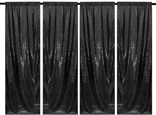 Black Sequin Backdrop Curtains 4 Panels 2FTx8FT Glitter Photo Backdrop Sparkle Background for Birthday Bridal Weeding Halloween Decorations