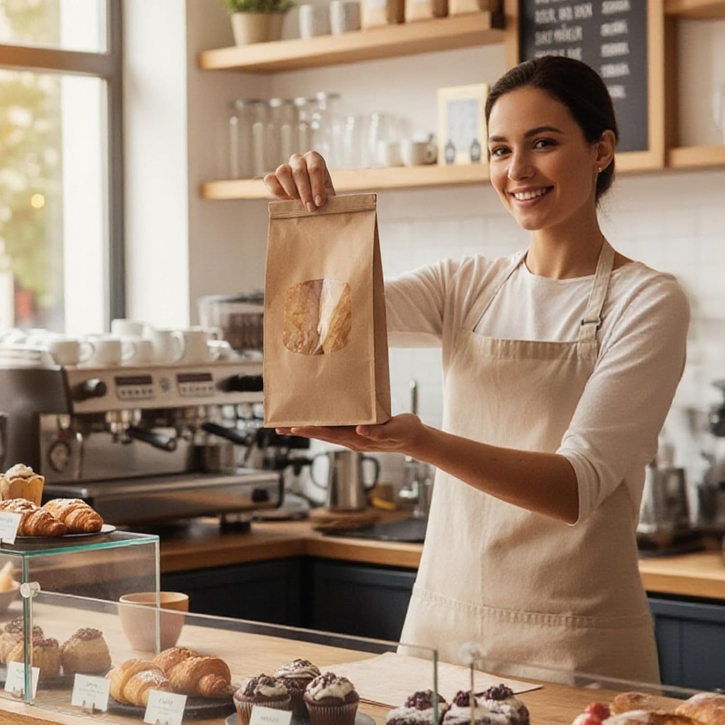 Moretoes 55pcs Medium Bakery Cookie Bags with Window, 4.5x2.36x9.6in Tin Tie Tab Kraft Paper Treat Bags for Cookie Coffee Bread Bakery Packing