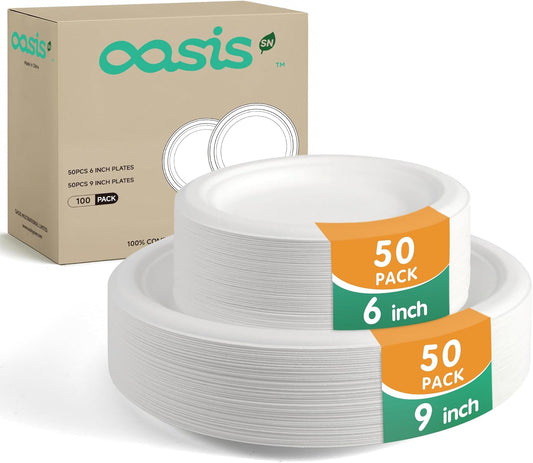 100-Pack Compostable Paper Plates Set – Includes 6" & 9" Heavy-Duty Sugarcane Plates (50 Each) – Eco-Friendly Disposable Plates for Meals, Snacks, and Parties-Natural (White)