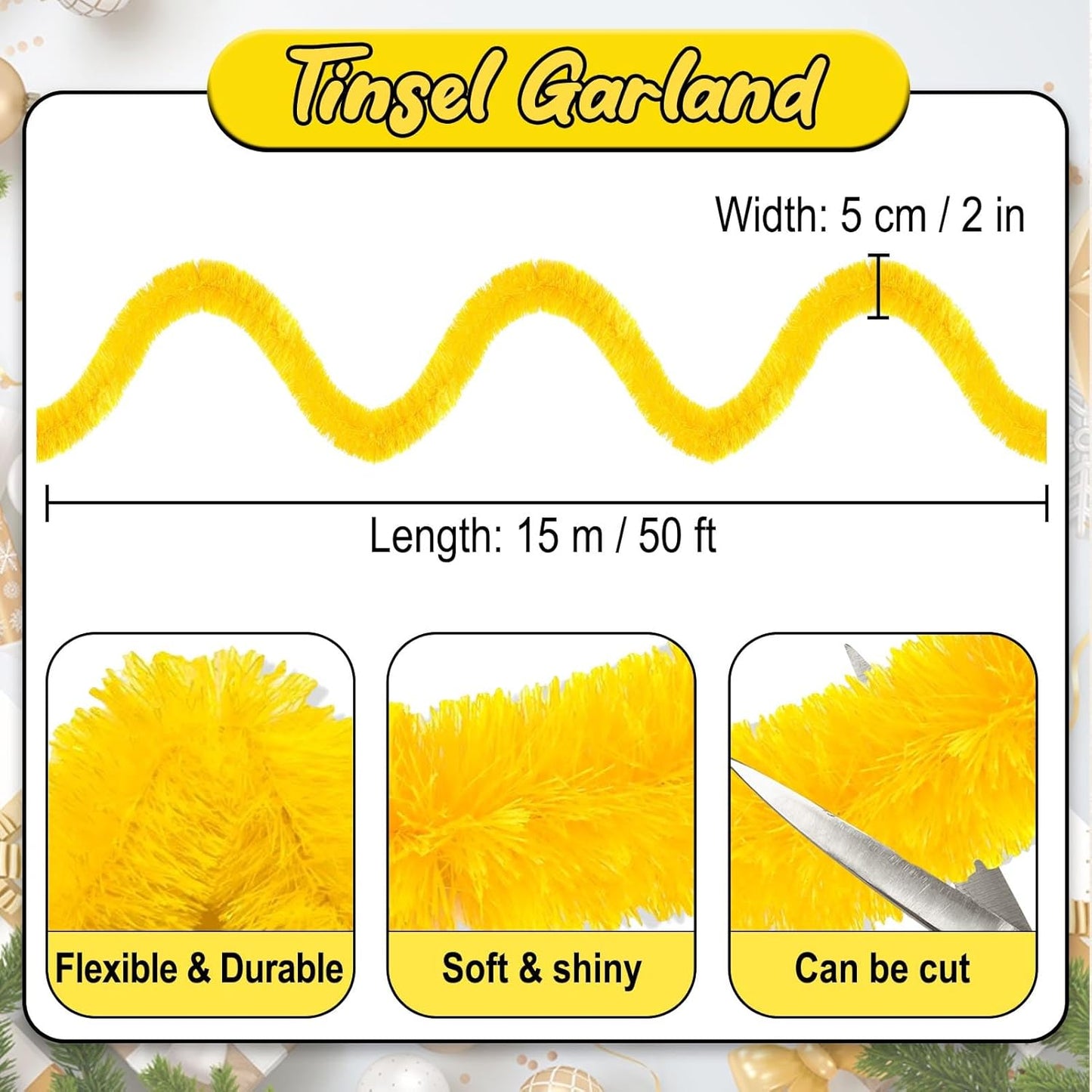 50 Feet Macaron Yellow Christmas Tinsel Garland, Metallic Foil Twist Banner Wall Hanging Tinsel Streamers Backdrop for Parade Floats, Christmas, Mother's Day, Birthday Party Decorations(2in x 50ft)