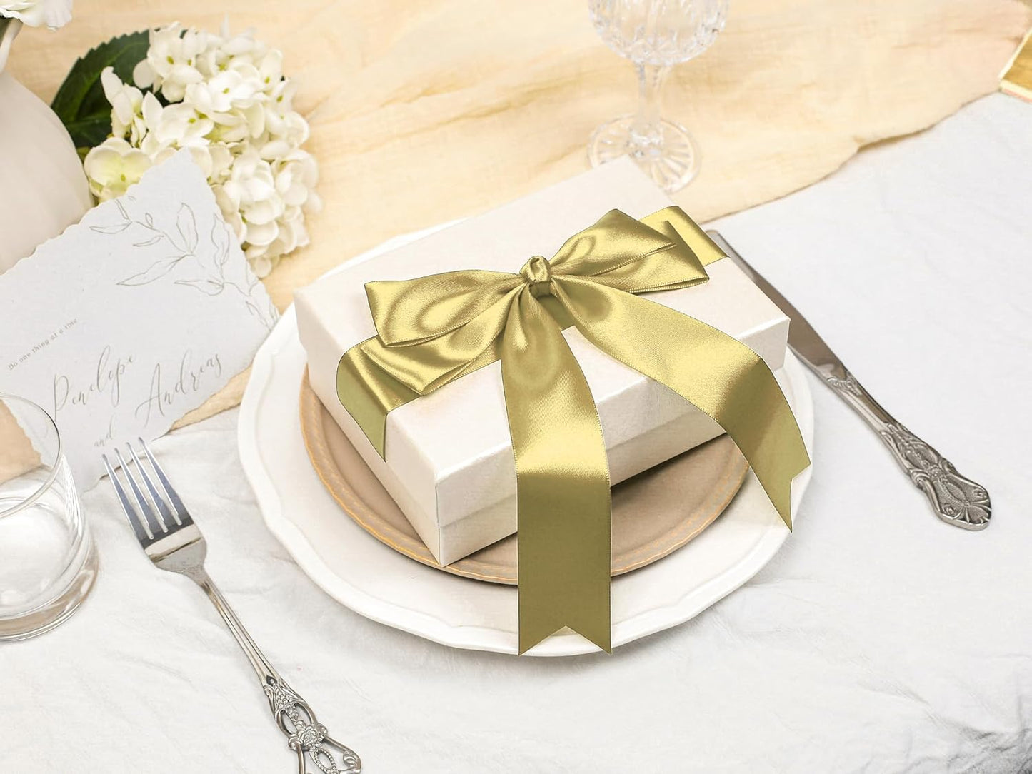 Light Gold Satin Ribbon 1-1/2 inch X Continuous 25 Yards, Single Face Polyester Ribbon Perfect for Gift Wrapping, Flower Bouquet, Wedding Decor, Crafts, Bow Making, Sewing and More