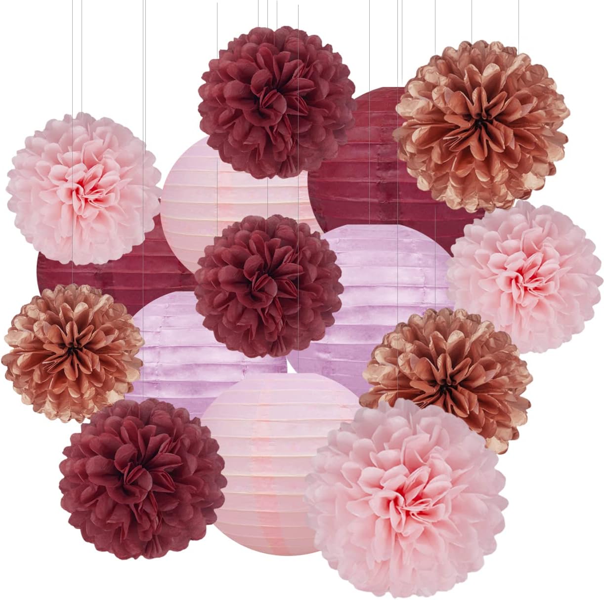 Rose-Gold Pink Burgundy Party Decorations - 15Pcs Tissue Pom Poms Paper Flowers Paper Lanterns Girl Birthday Baby Bridal Shower Bachelorette Engagement Wedding Mothers Day Valentines Galentines Decor