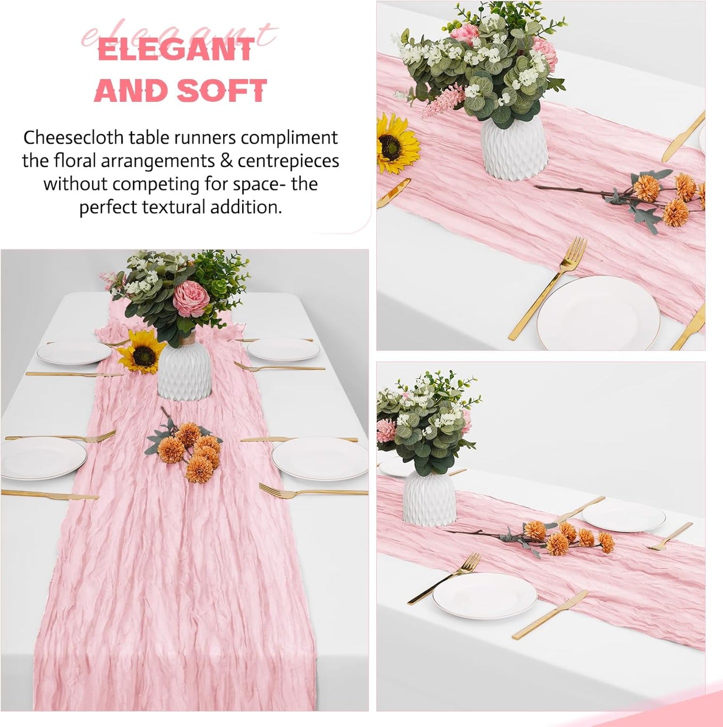 Aktor 12 Pack Pink Table Runner Boho Cheesecloth Table Runner Semi Sheer Gauze Fabric Runners for Wedding Birthday Baby Shower Party Boho Table Decoration（Pink）