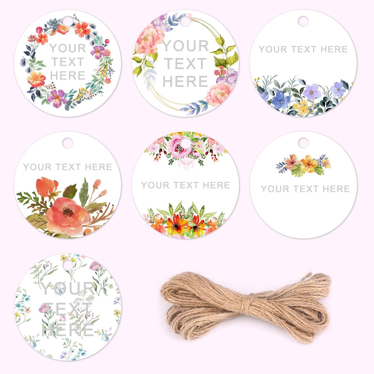 Custom 2inch 100pack Gift Tags with Strings,Personalized Thank You Tags Party Decoration Paper Gift Labels for Birthday Wedding Favor Baby Shower Floral Hang Tag Hangtag (Round Shape)