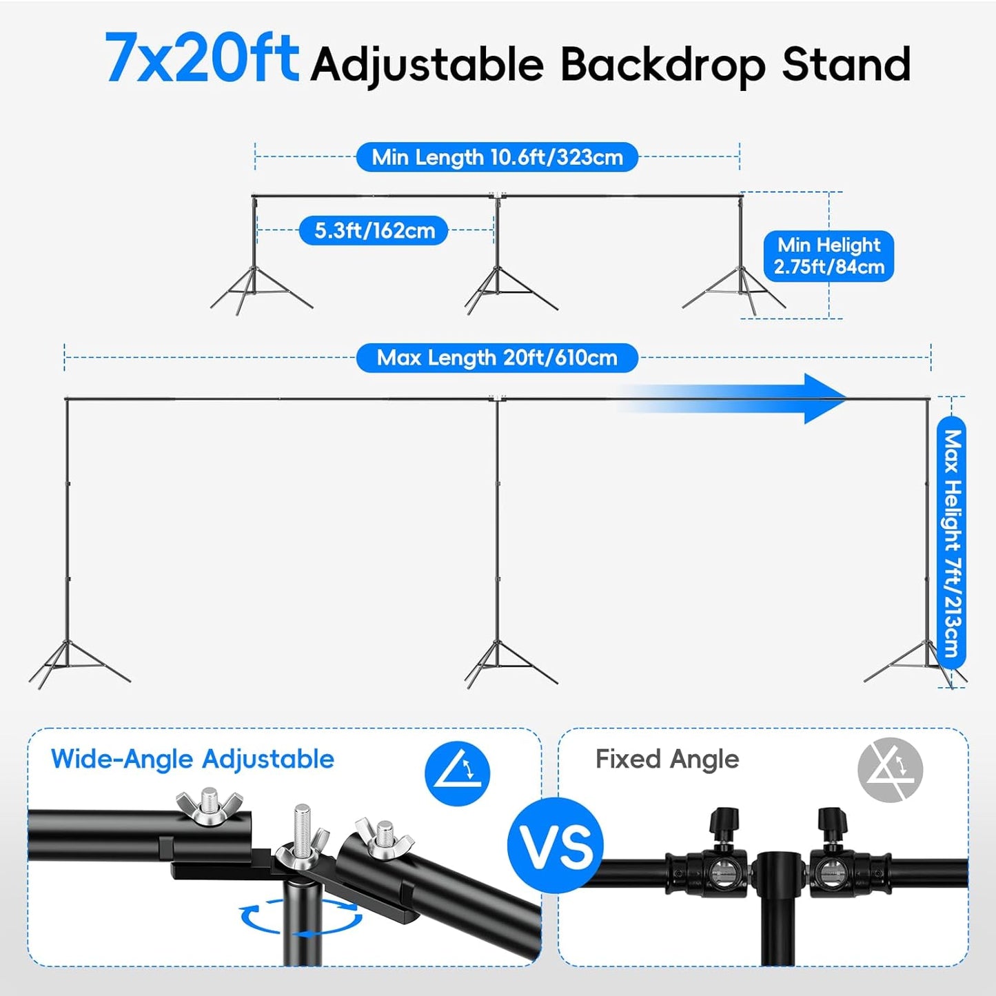 Photo Video Studio Large 20x7ft Adjustable Backdrop Stand, Photography Background Support System Kit with 310° Angle Rotatable Connector, 8 Clamps, 3 Sandbags and Carrying Bag