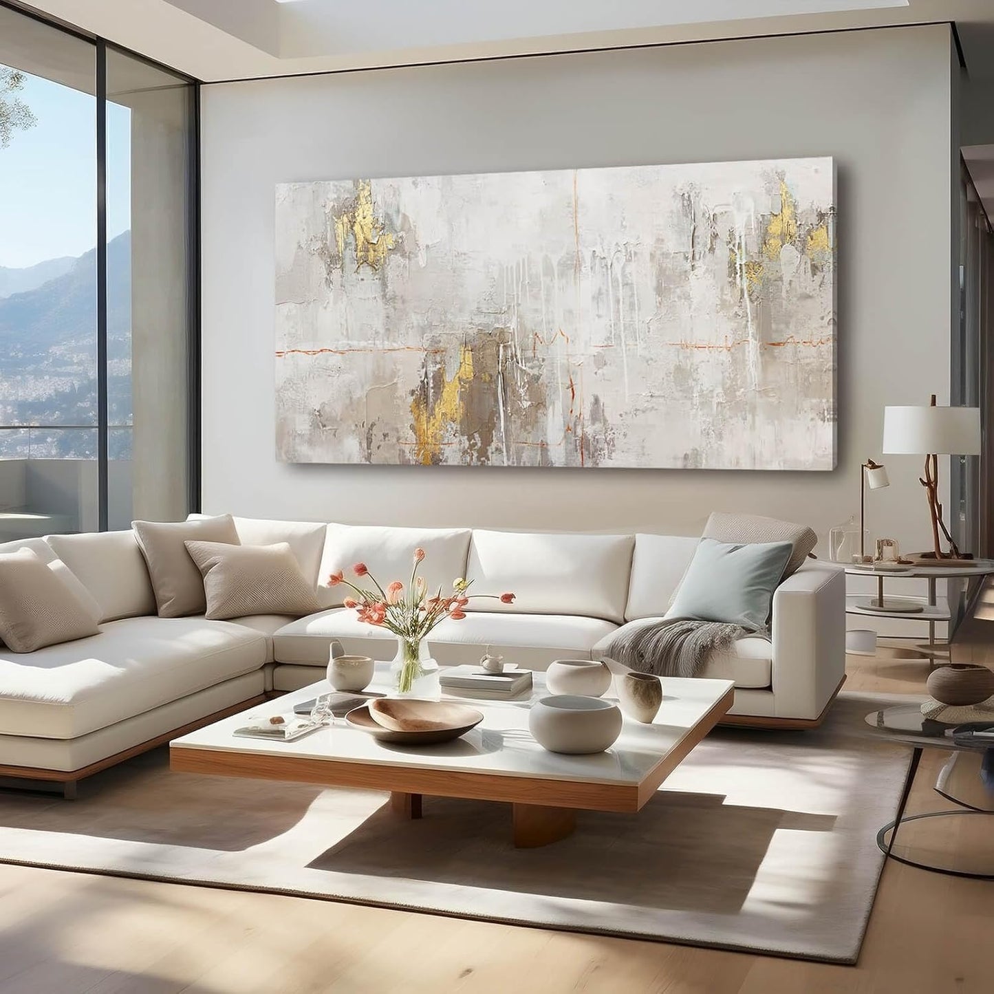 VAYIMDH Minimalist Wall Decor White with Gold Canvas Wall Art Grunge Posters Modern Abstract Paintings for Living Room Bedroom Dining Room 29"x 58"