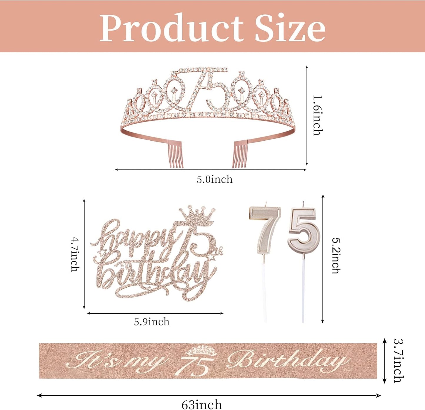 75th Birthday Decorations for Women Including Sash, Crown/Tiara, Candles and Cake Topper, Rose Gold 75 Birthday Gifts Party Favor Supplies