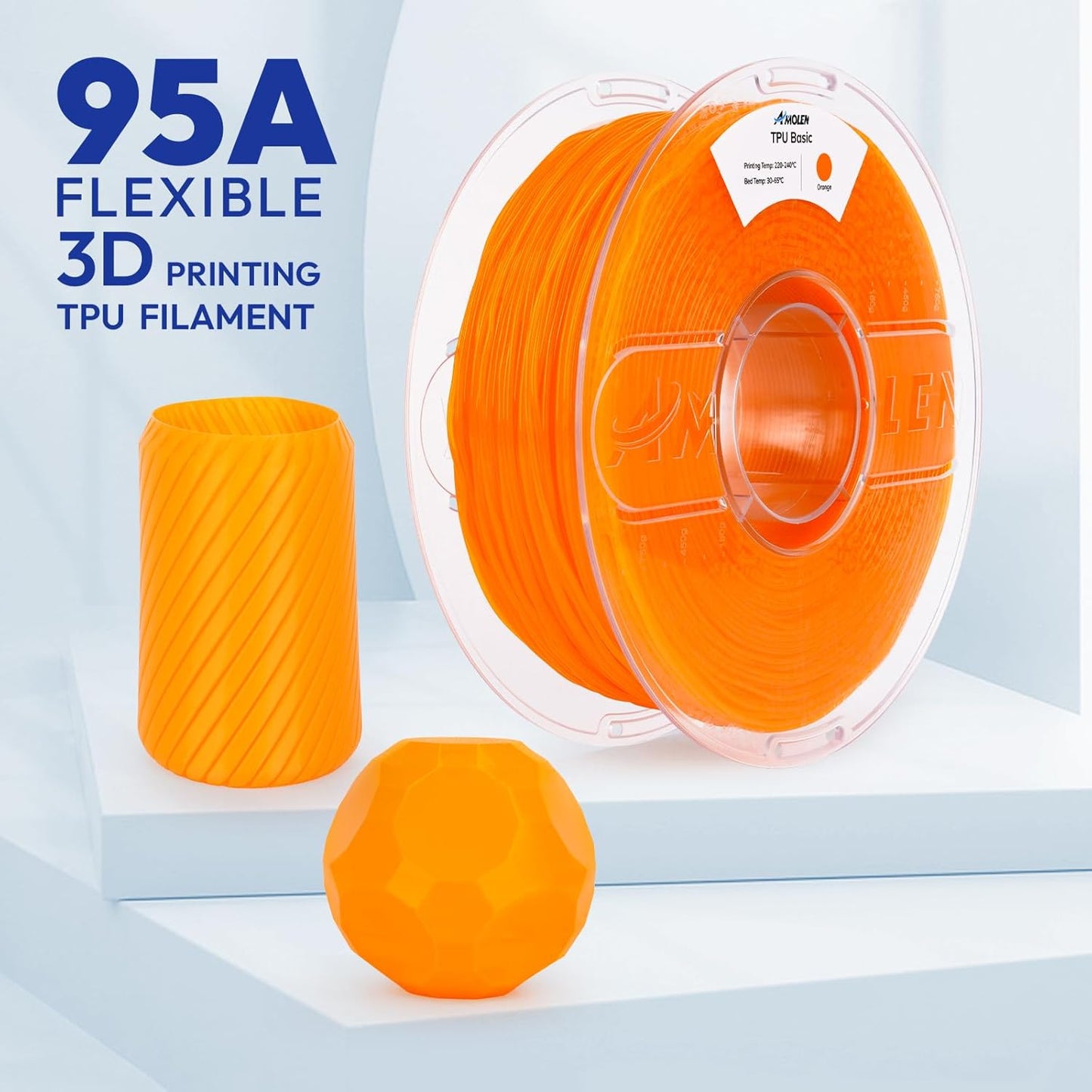 AMOLEN 95A TPU 3D Printer Filament 1.75mm, High Hardness & Resilience TPU Basic Orange Filament, 1KG Flexible 3D Filament, Dimensional Accuracy +/- 0.02mm, Suitable for Most FDM 3D Printers