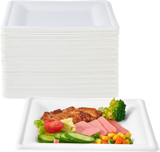 ECOLipak 150 Piecs Square Paper Plates, 8-inch Compostable Disposable Plates, Eco-friendly Heavy Duty Biodegradable Sugarcane Plates for Party Dinner Birthday