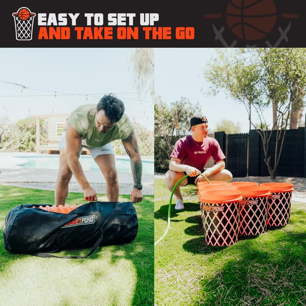 Giant Yard Pong and Basketball Game with 12 Buckets, 2 Balls, Carrying Bag, and Air Pump – Outdoor Game for Lawn, Backyard, Beach, and Parties