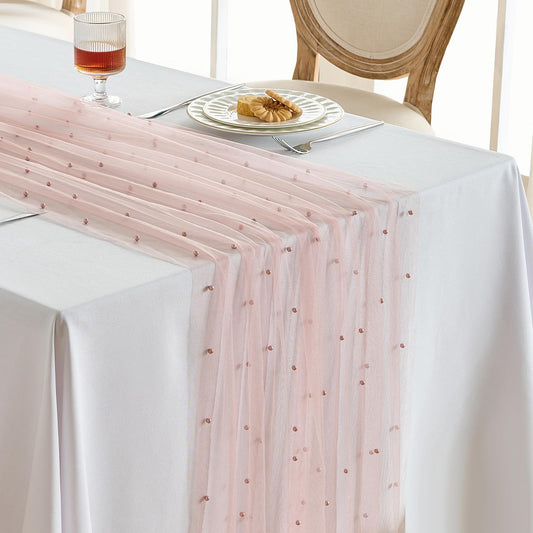 Fanami 1 Pack Pearl Table Runner -10FT Dusty Pink Boho Tulle Table Runners 120 Inches Long Rustic Sheer Lace Fabric Centerpieces for Wedding Arch Birthday Party Bridal Veil Baby Shower Decorations