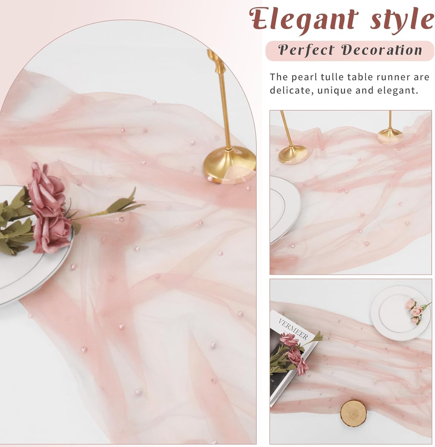 Pearl Table Runner 29 x 120 Inch Tulle Fabric Lace Table Runners Boho Rustic Tablecloth for Bridal Shower Birthday Party Wedding Arch Aisle Veil Dessert Table Decor(1 Pack, Dusty Pink)
