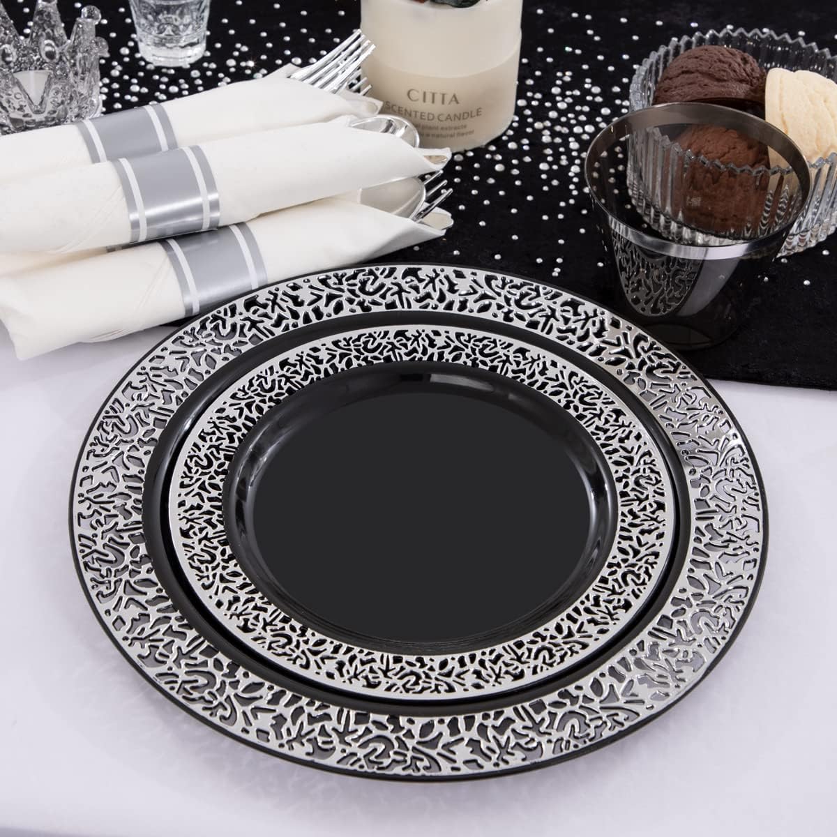 NOCCUR 210PCS Black and Silver Dinnerware Set for 30 Guests - Black Plastic Plates with Silver Rim Include 30 Dinner / 30 Dessert Plates, 30 Prewrapped Silverware, 30 Cups Ideal for Party, Halloween