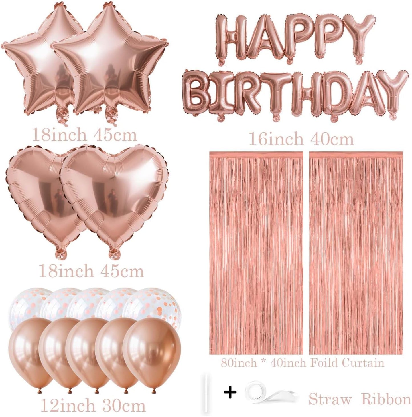 29 Pcs Rose Gold Birthday Party Decorations - Happy Birthday Balloons Banner, Heart & Star Foil Balloons, Confetti & Latex Balloons, Foil Fringe Curtains Party Supplies for Women, Girls