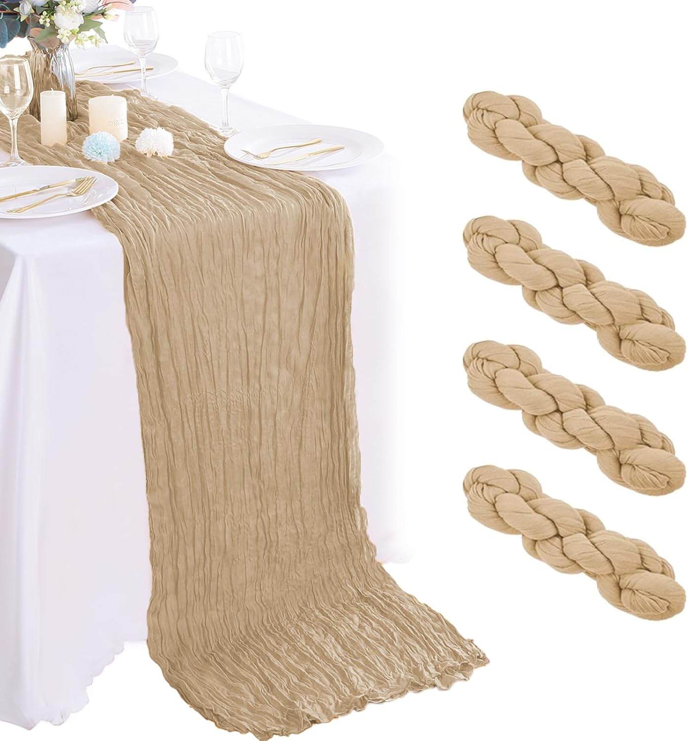 4 Pack Beige Cheesecloth Table Runner 35x120 Inch Boho Gauze Fabric Cheese Cloth Table Runner 10Ft Rustic Romantic Sheer Table Runners for Wedding Party Bridal Baby Shower Long Table Decoration