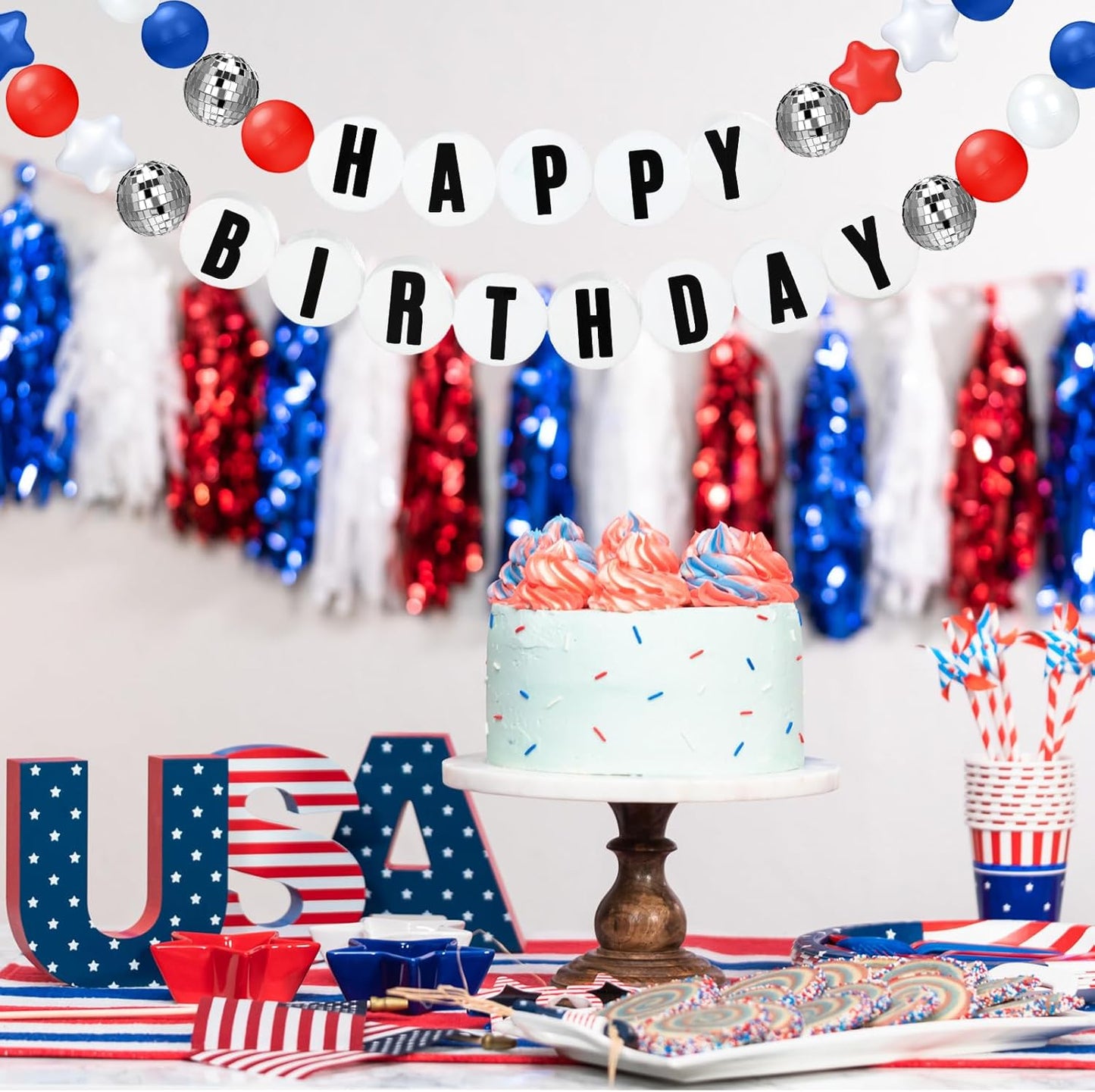 Giant Friendship Bracelet Garland Kit, DIY Birthday Banner with Letters Ball Jumbo Customizable Friendship Bracelet Decor for Halloween Christmas Wedding Party(White, Red, Blue)