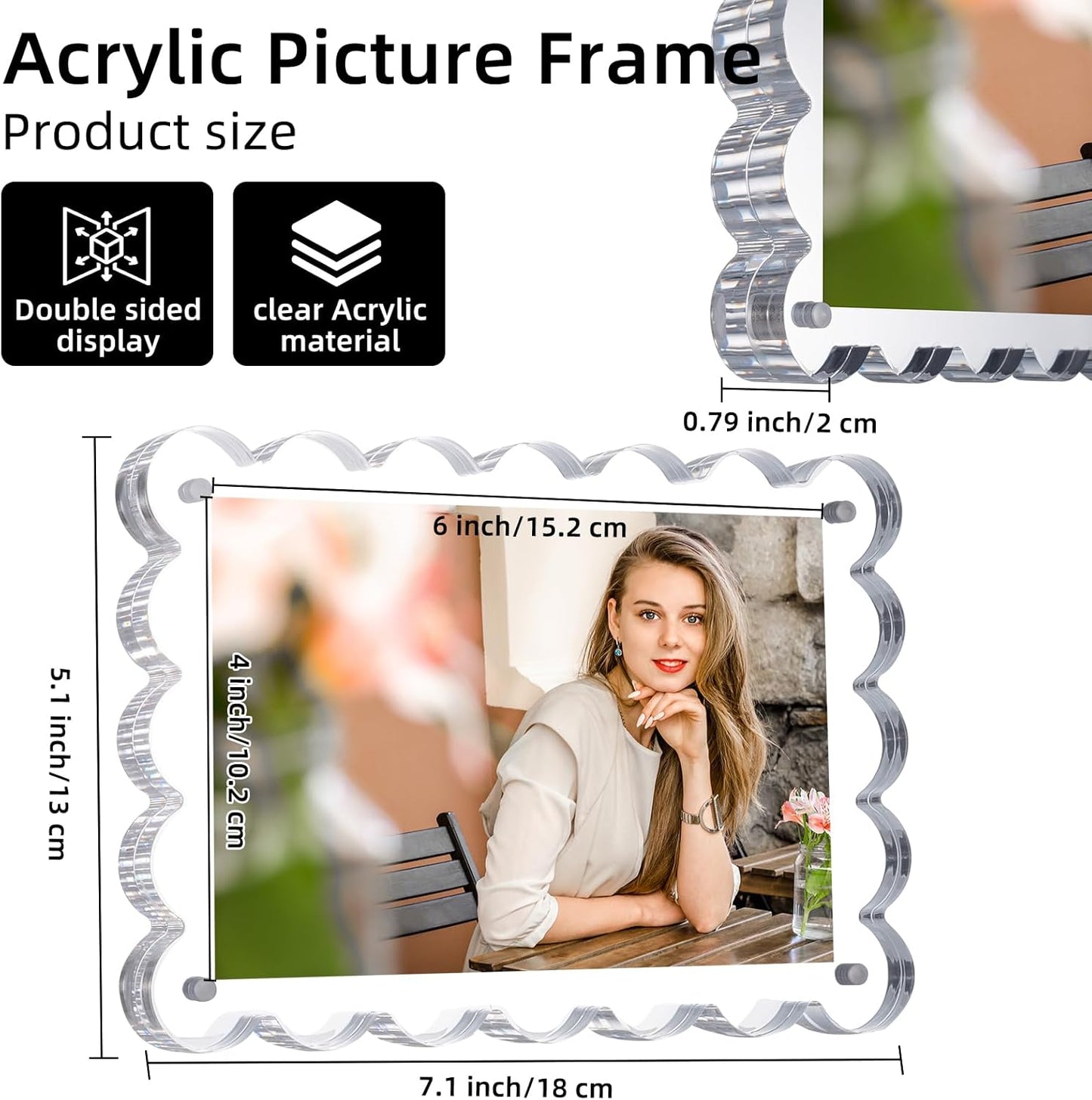 3 Pack Acrylic Picture Frame: 4x6inch Magnetic Picture Frames, Double Sided Magnet Frames,10+10mm Thick Block, Clear Photo Scalloped Frames Freestanding for Desktop Display