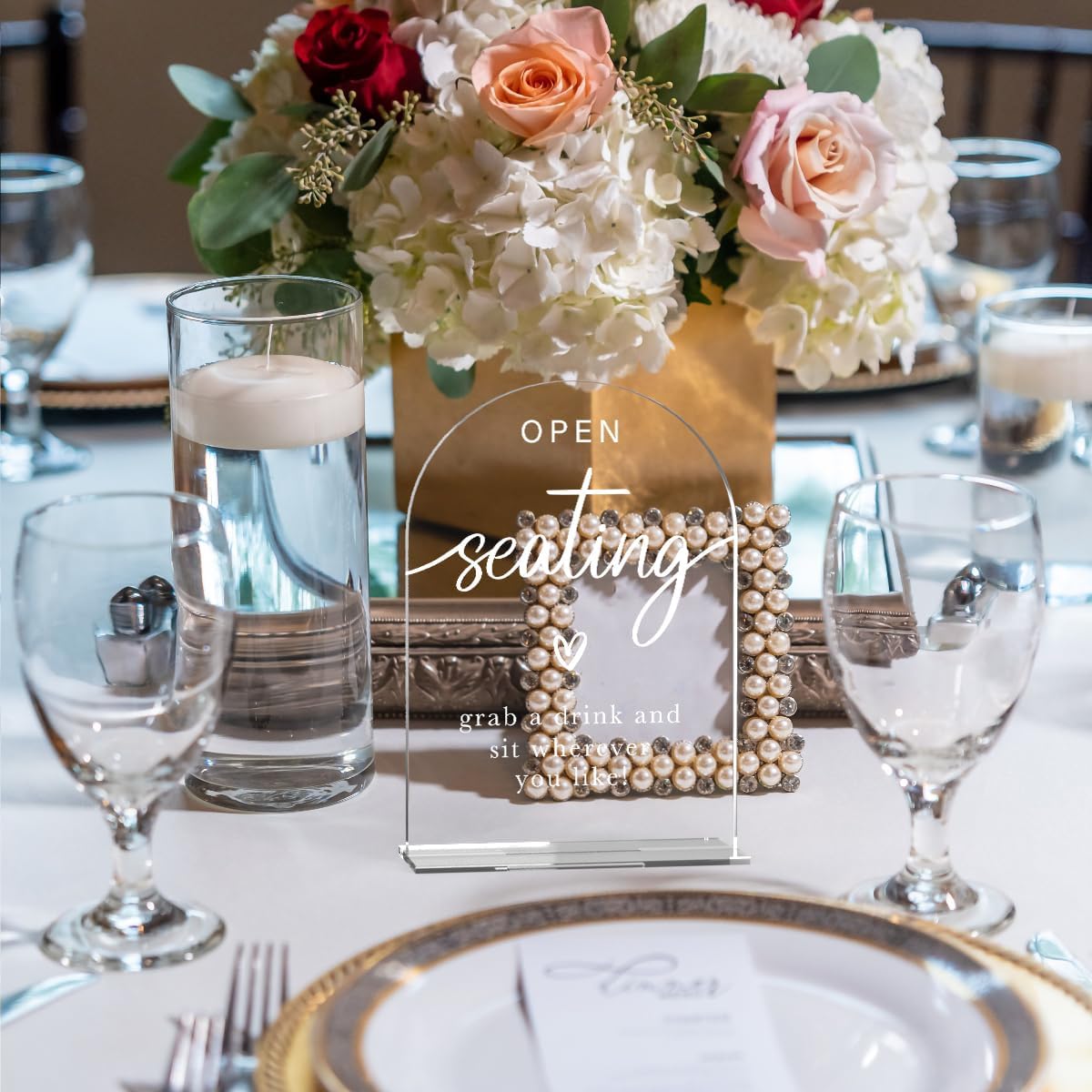 Acrylic Wedding Sign Wedding Signs for Ceremony Open Seating Sign for Wedding Modern Calligraphy Arch Acrylic Table Top Sign for Wedding Reception and Event Party Table