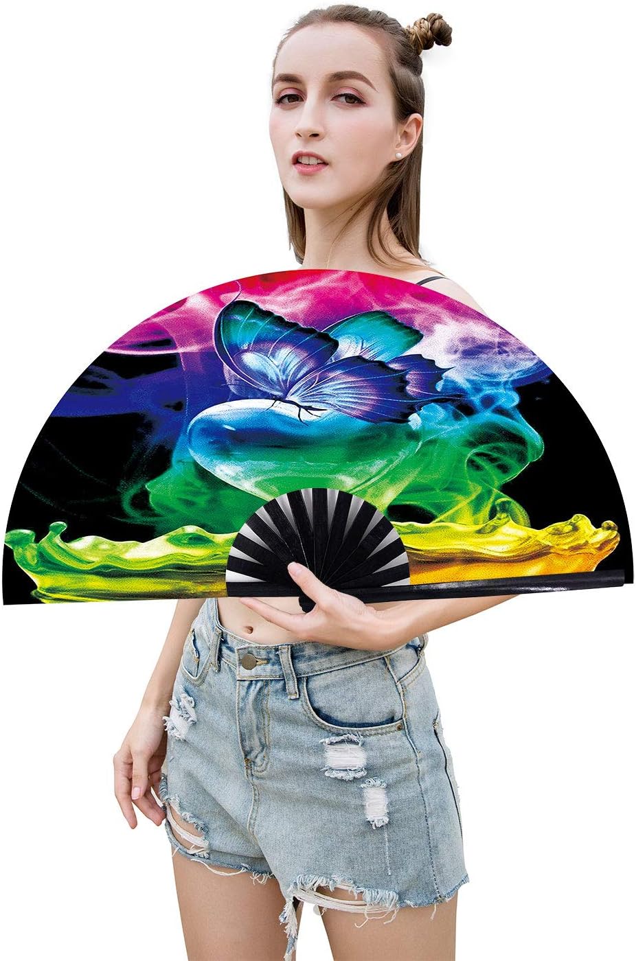 Amajiji Large Folding Hand Rave Fan Popping Fan for Line Dancing Clacking Fans for Boots On The Ground Dance,Party,Decoration,Festival (Butterfly Dream)