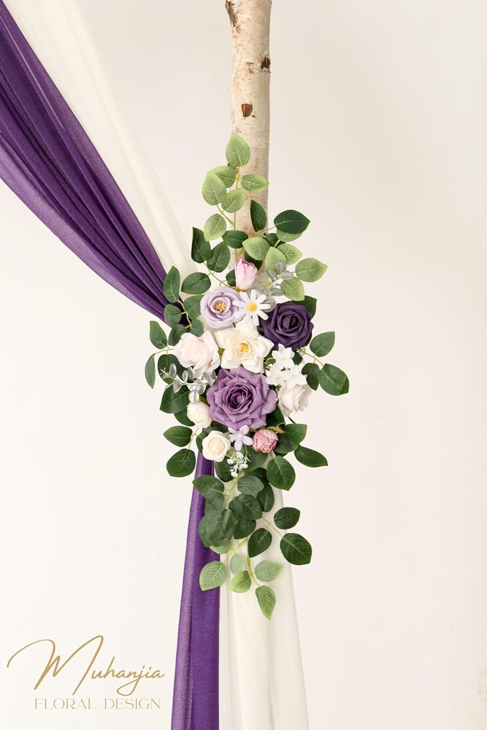 Artificial Wedding Arch Flowers Kit(Pack of 4),2Pcs Artificial Flower Arch Decor, 2Pcs Chiffon Fabric Drapes, Ceremony Decoration, Floral Outdoor Party Decor (Violet & Champagne)