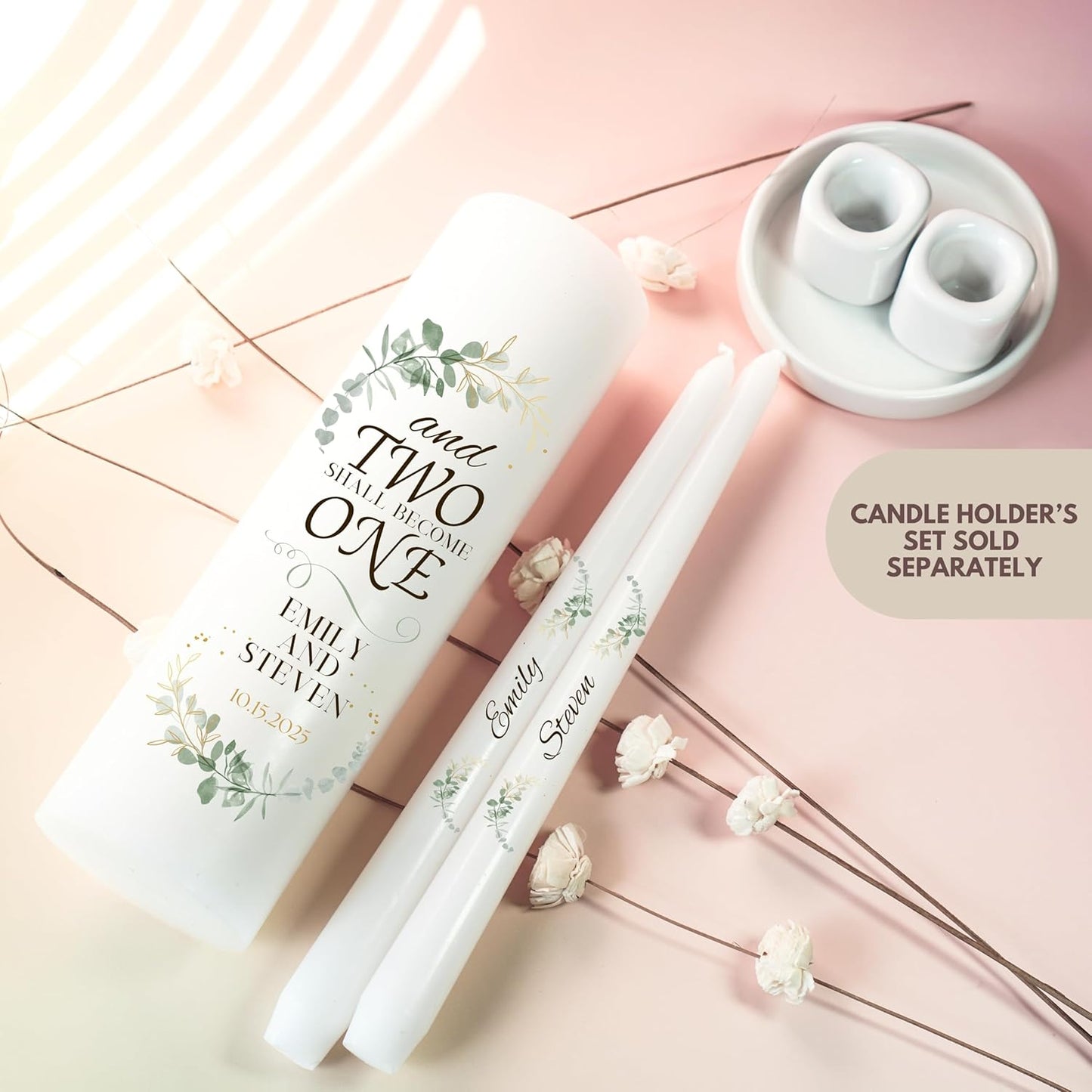 Unity Candles for Wedding, Modern Unity Set, Custom and Personalized Pillar and Taper Candles with Quote, Unscented White Premium Wax, Religious and Wedding Ceremony, Special Events (Custom Date)