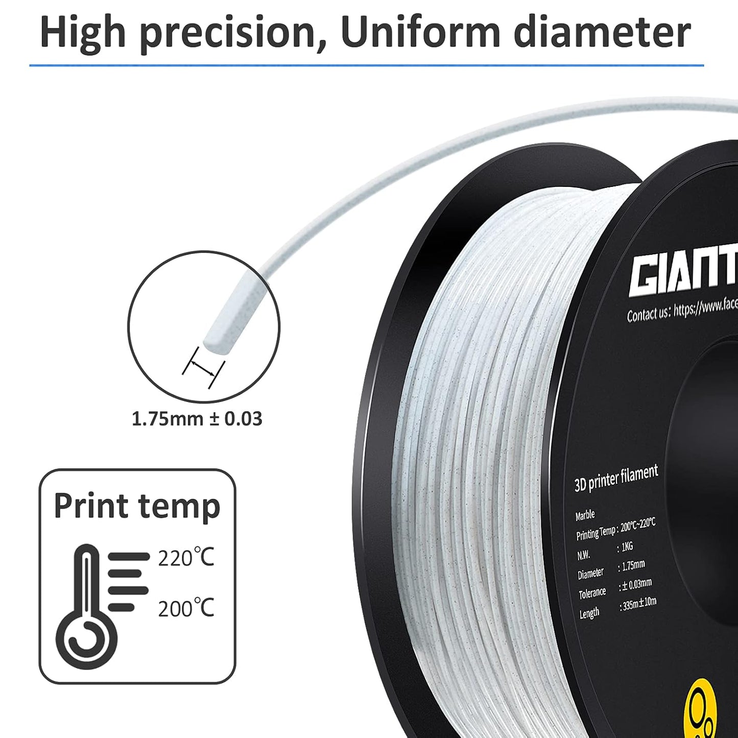 GIANTARM 3D Printer Filament, Marble Pla Filament, 1Kg(2.2lbs) Spool, 1.75mm Dimension Accuracy +/- 0.03mm, 3D Printing Filament