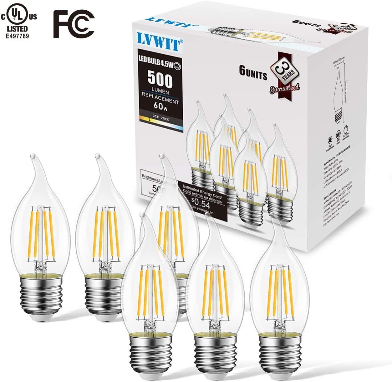 LVWIT Flame Tip LED Filament Bulb Candelabra E26 Base Dimmable 4.5W (60W Equivalent) B11 Chandelier Candle Light Bulb，2700K Warm White 6-Pack