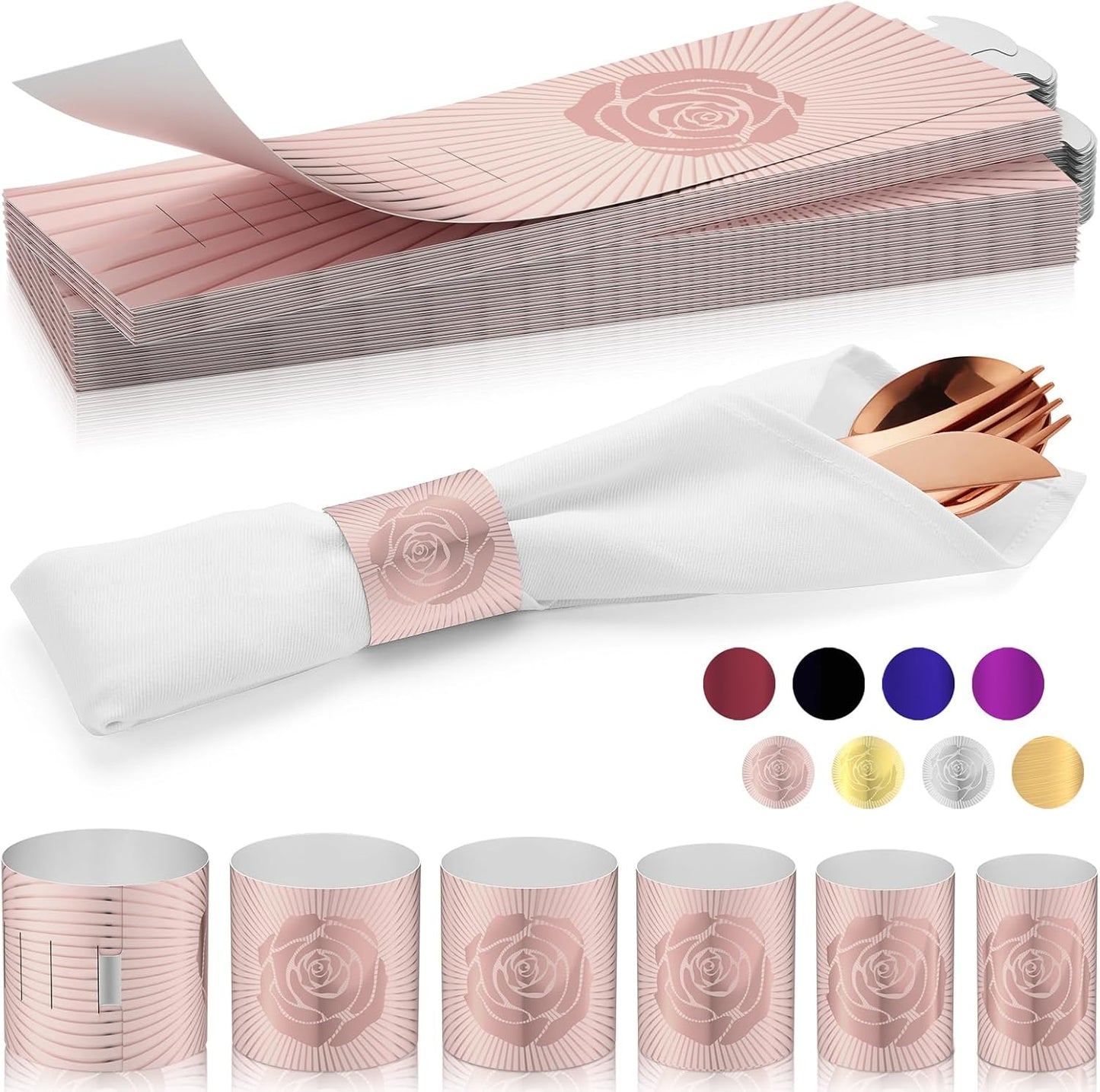 Polymer Material Reusable Napkin Band, Glue-Free Tear-Proof Water Resistant Oil-Proof Napkin Bands Set of 50(Front Rose Gold Color and Back Silver), 6 Adjustable Sizes Napkin Rings