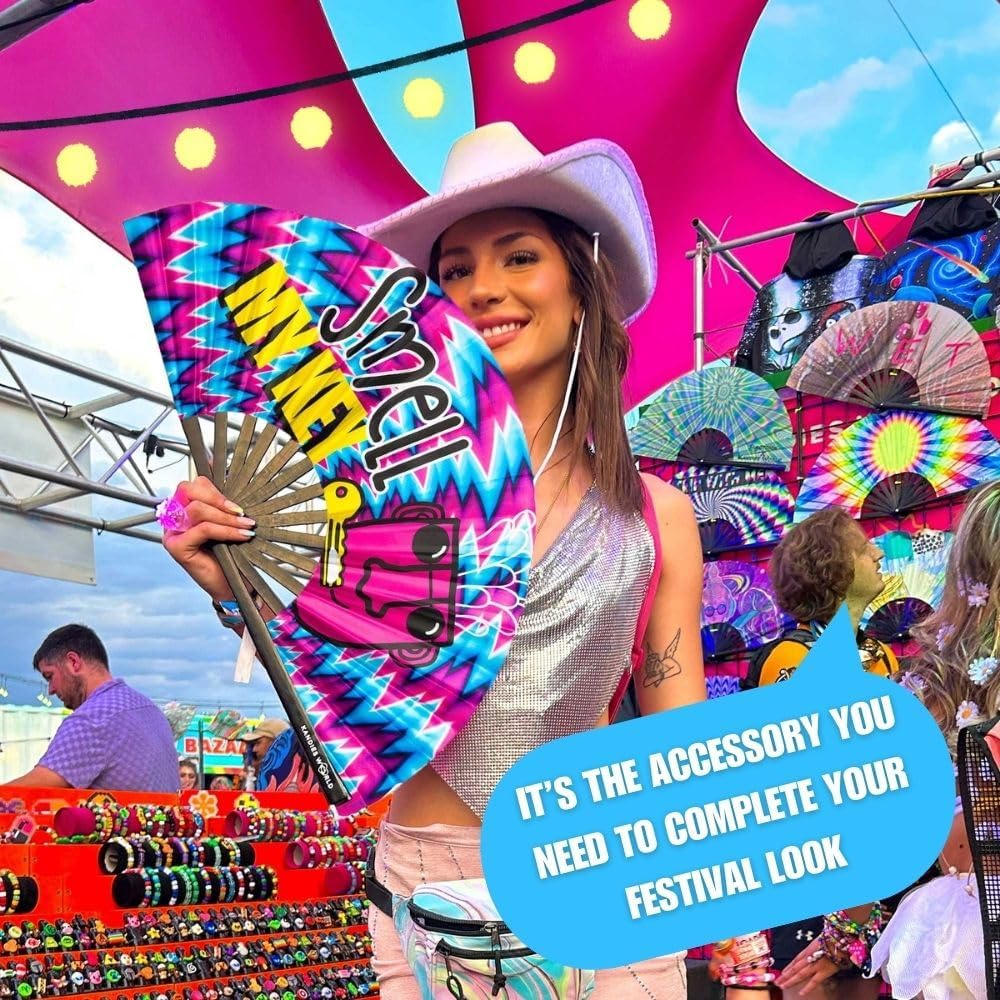 Kandies World Custom Festival Folding Hand Fan - Unique Designs, Made of Bamboo, Clacking Sound, Lightweight - Perfect Rave and Festival Accessory!
