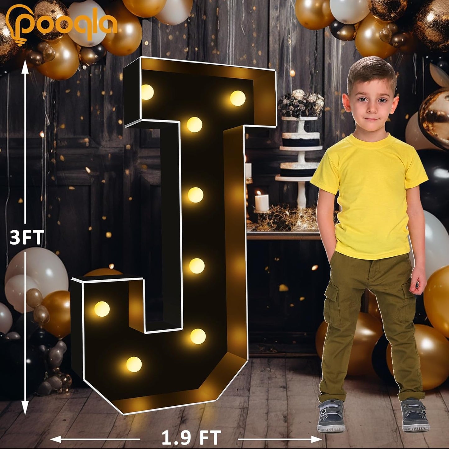 Pooqla 3FT Marquee Light Up Letters, Black LED Party Decor Large Marquee Letters 3 Feet Tall, Giant Mosaic Letter for Birthday Graduation Anniversary Wedding Decoration, Letter J