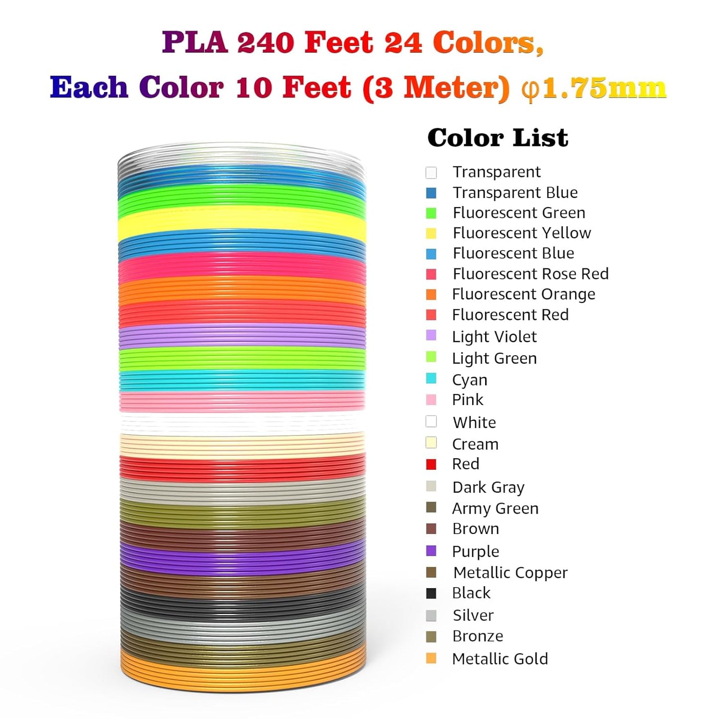 3D Printing Pen Refills PLA Filament 1.75mm 24 Vibrant Colors 240 Feet, Each Color 3 Meters (10 Feet) - 250 Stencils eBooks - Fit for SCRIB3D P1 and MYNT3D Pens