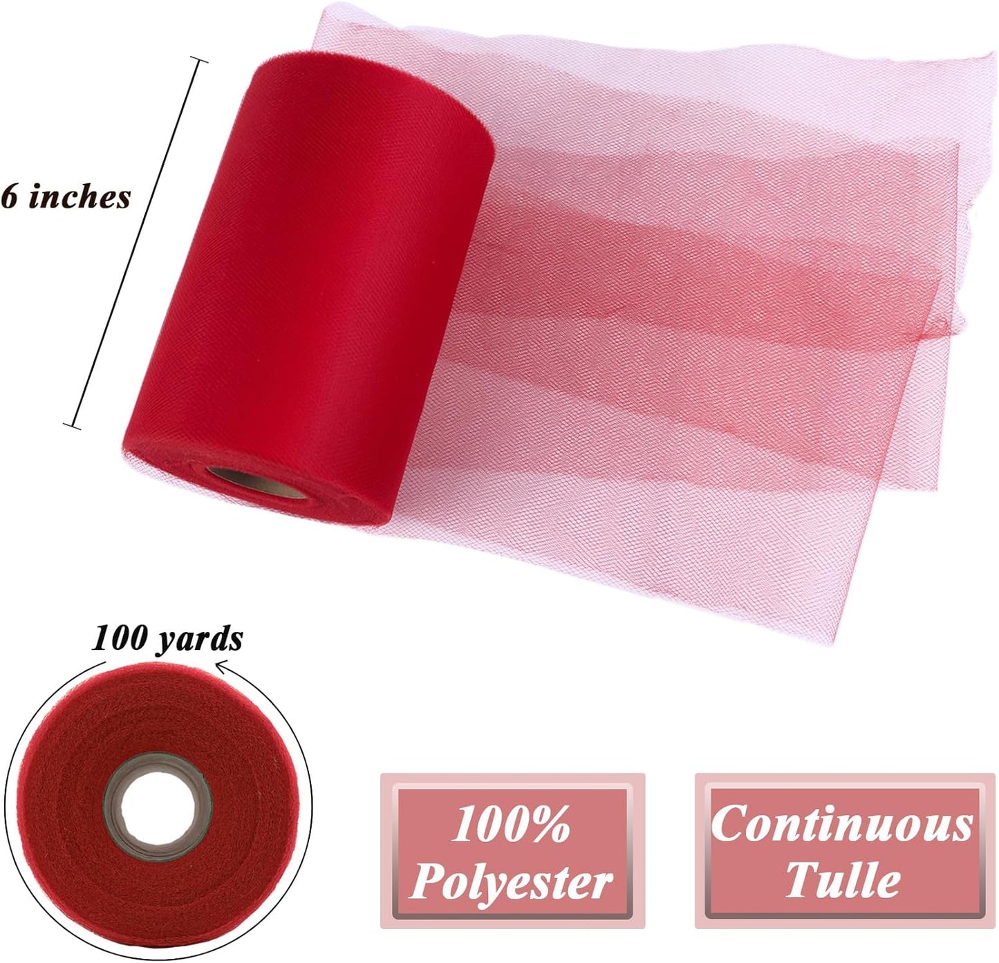 Red Tulle Fabric Roll 6" by 100 Yards (300 ft) Soft Tulle Spool for DIY Crafting Favor Supplies, Tutus, Wedding, Party Decorations, Gift Wrapping
