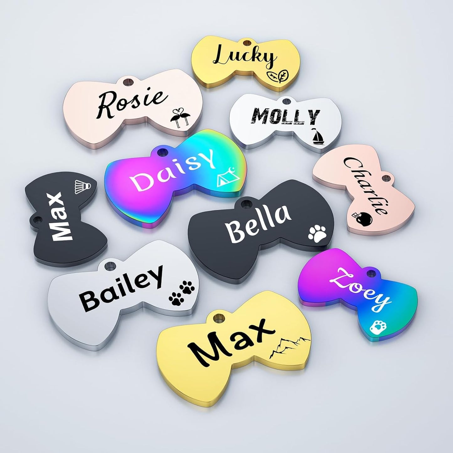 Dog Tags Engraved for Pets - YEHANTI Personalized Dog Tags with Lovely Icons, Durable Stainless Steel Pet ID Tags for Small Large Dogs Cats, Custom Dog Name Tags Engraved on Both Sides (Bow Tie)