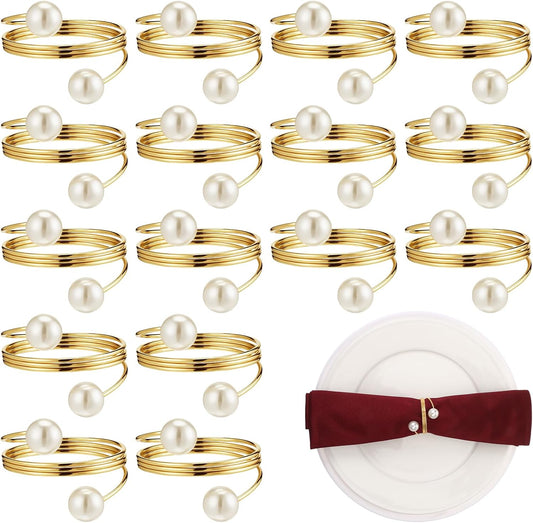 Elegant Pearl Napkin Rings, 50 Pcs Stylish Gold Napkin Ring, Delicate White&Gold Beaded Serviette Buckles for Wedding Thanksgiving Christmas Family Gathering Birthday Banquet Party Table Supplies