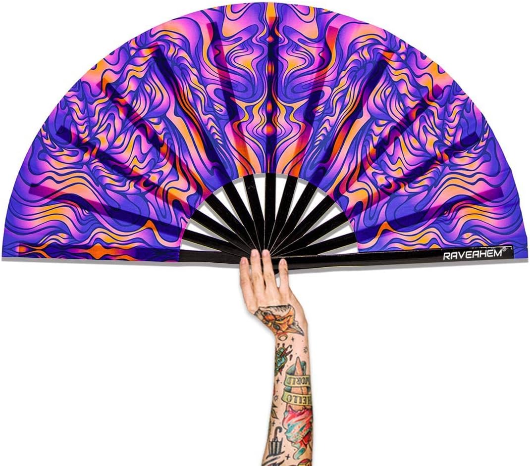 UV Glow Rave Fan, Bamboo Folding Clack Hand Fan for Men Women (Wellen, Large 13")