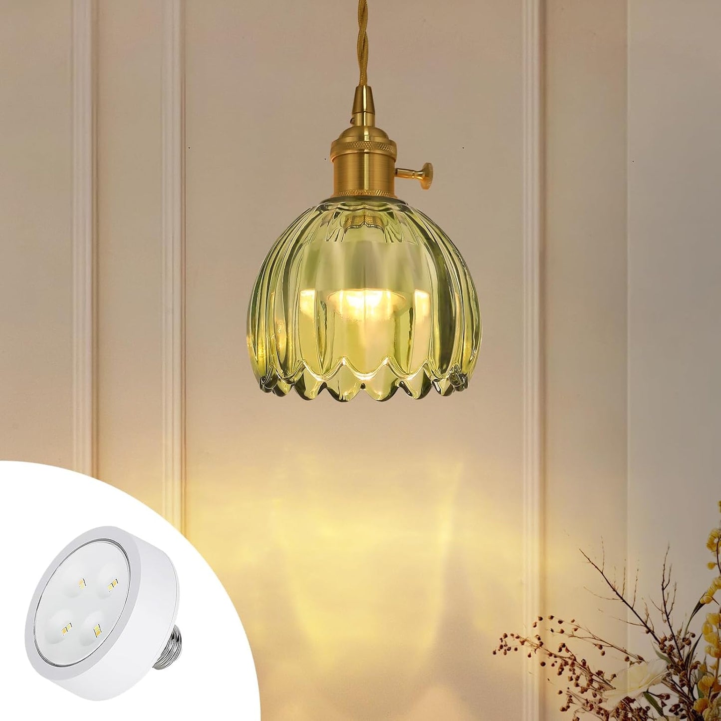 Vintage Gold Rechargeable Pendant Light with 70 Inch Cord and Exquisite Tulip Green Glass Shade for Kitchen Island, Living Room & Dining Room, Ideal Hanging Light for Multiple Spaces