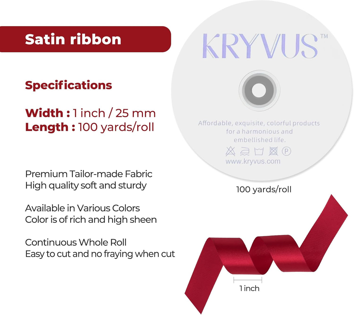 Scarlet Red Satin Ribbon 1 inch X Continuous 100 Yards, Single Face Polyester Ribbon Perfect for Gift Wrapping, Flower Bouquet, Wedding Decor, Crafts, Bow Making, Sewing and More