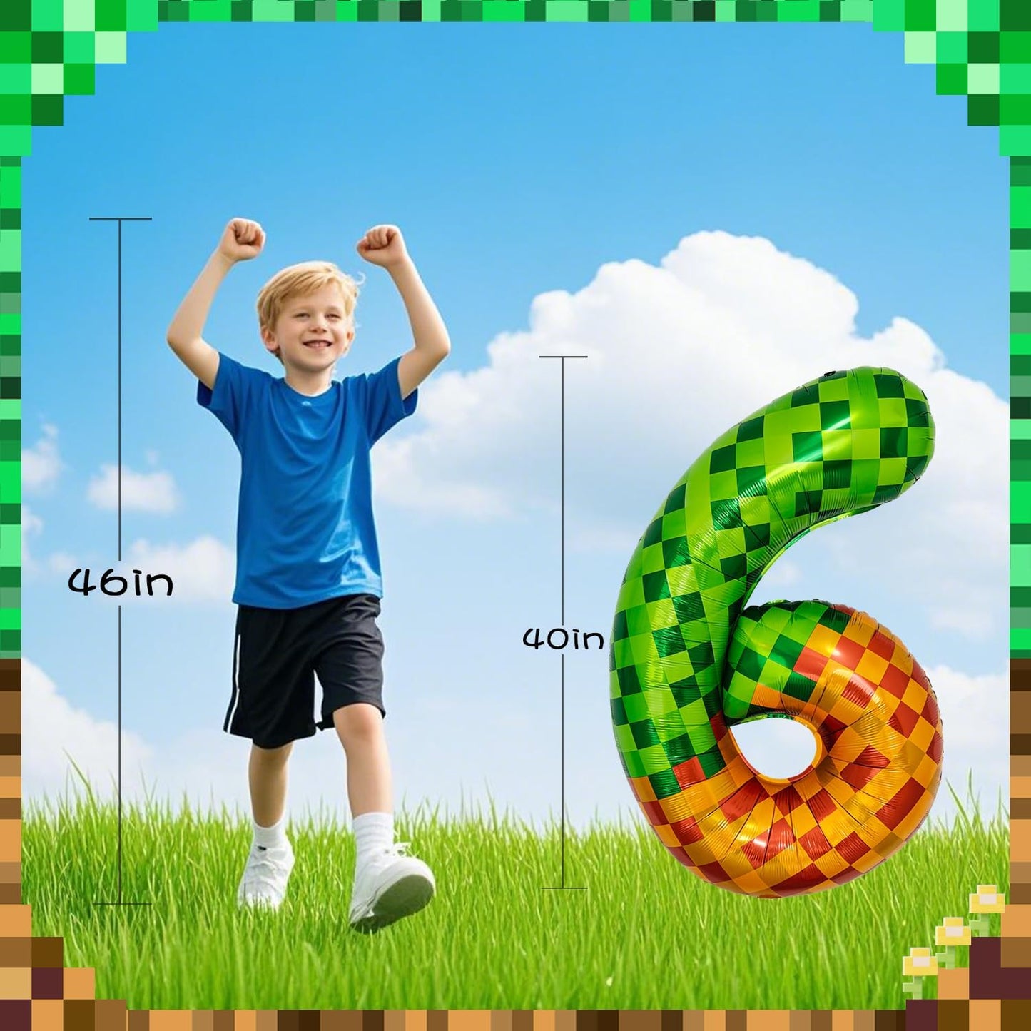Pixel & TNT Theme 40in Giant Number Balloons - Foil Mylar Birthday Party Decorations for Kids Adults Cumpleaños, Block Style Pixel Art Shape Balloon Decor Supplies (Pixel, Number 6)
