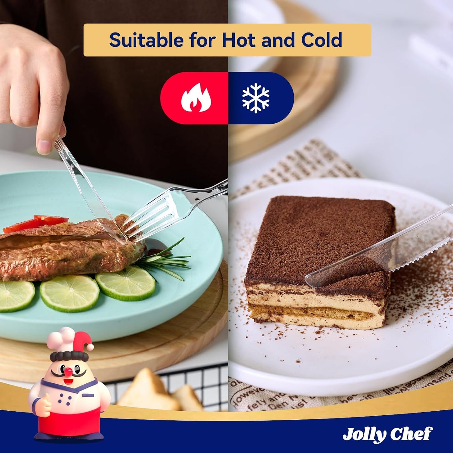 JOLLY CHEF 300 Count Clear Plastic Knives Heavy Duty, 7.7" Heat Resistant Solid and Durable Plastic Knives Disposable, Disposable Bulk Cutlery Suitable for Parties Supply Events Everyday Use