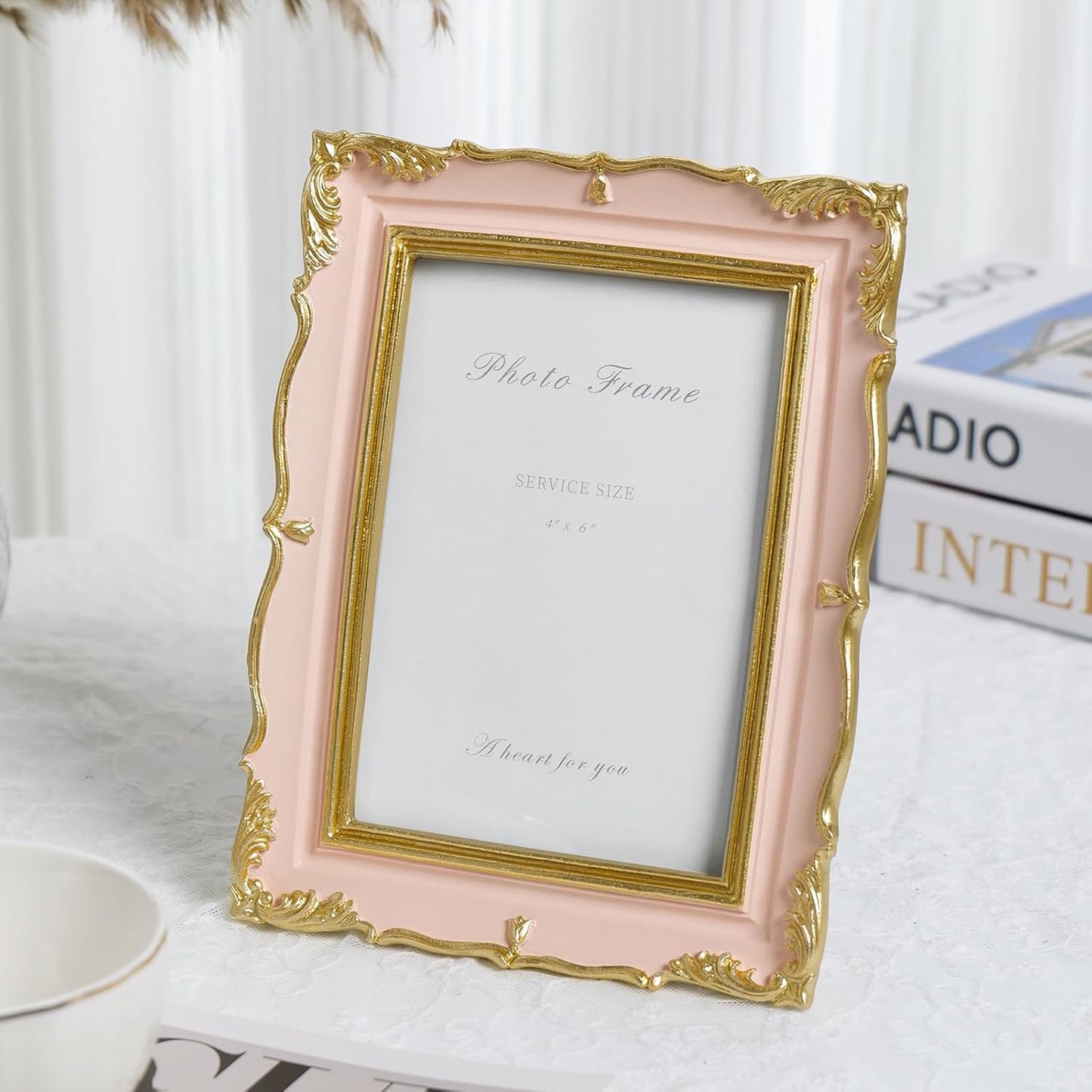 Cuspin 4x6 Vintage Picture Frame Pink and Gold Photo Frame, 4 by 6 Picture Frames Ornate Textured Hand-Crafted Resin with Glass Front for Tabletop Display, Retro Design Home Decor