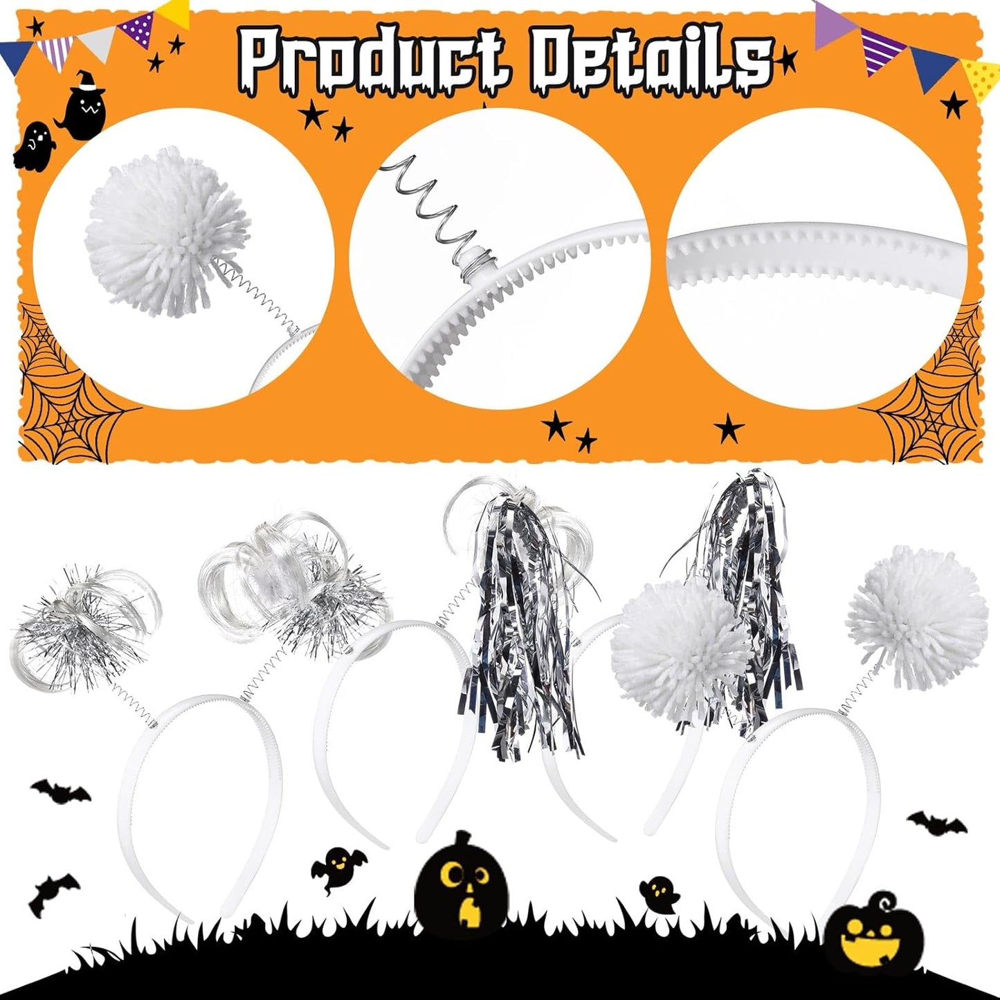 Censen 12 Pcs Halloween Pom Pom Party Headbands Tinsel Ponytails Spirit Head Bopper Headwear for Christmas Birthday Holiday