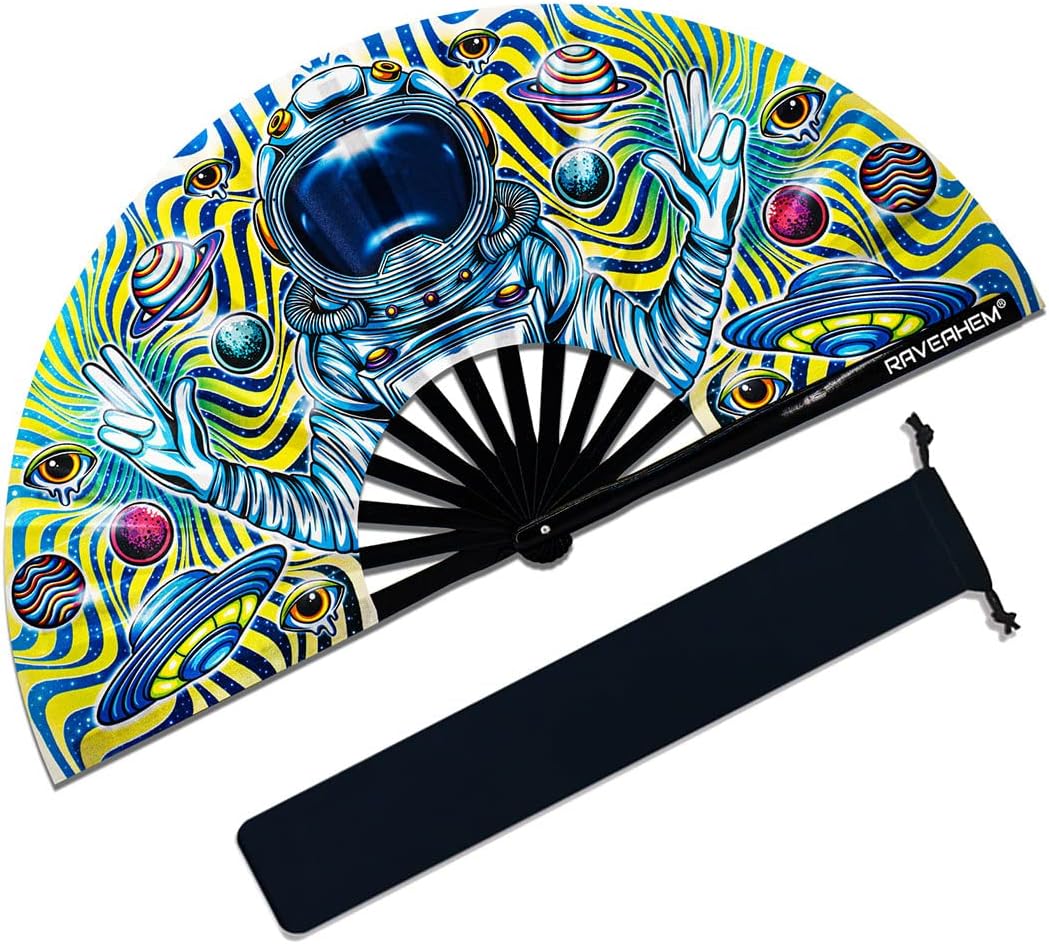 13" Large Rave Fan Bamboo, Folding Clack Hand Fans Foldable for Men Women, Boots on the Ground Poping Fan for EDM Festival Line Dance Decoration, (Space, Large 13")