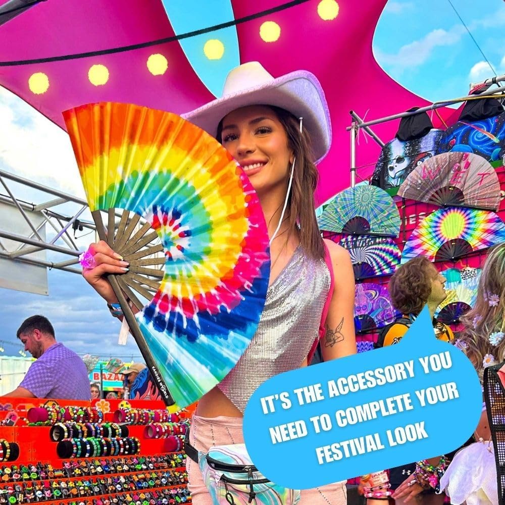 Kandies World UV Reactive Custom Festival Folding Hand Fan - Unique Designs, Made of Bamboo, Clacking Sound, Lightweight - Perfect Rave and Festival Accessory!