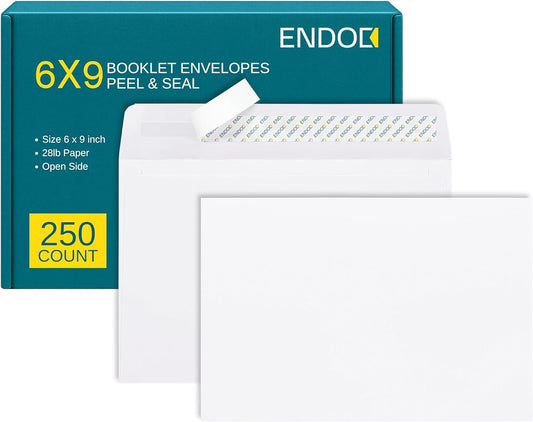 6x9 Booklet Envelopes - 250 Pack - Self Seal Mailing Envelopes - White Letter With Peel & Seal Closure - Open-Side - 28 Lb Paper - Plain for Business and Personal Use