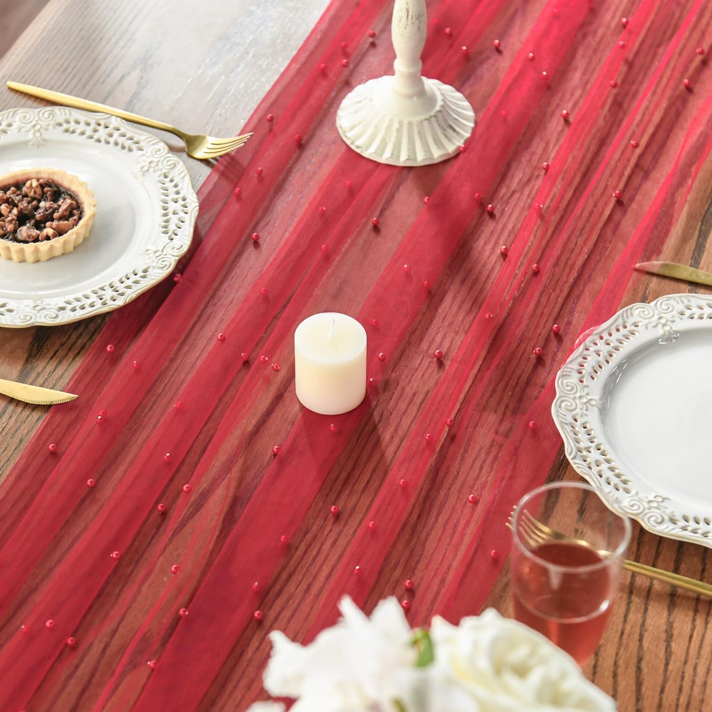 Artoid Mode Pearl Red Gauze Table Runner 120 Inch 10FT, Seasonal Sheer Dining Holiday Wedding Birthday Baby Shower Table Decor for Home Party