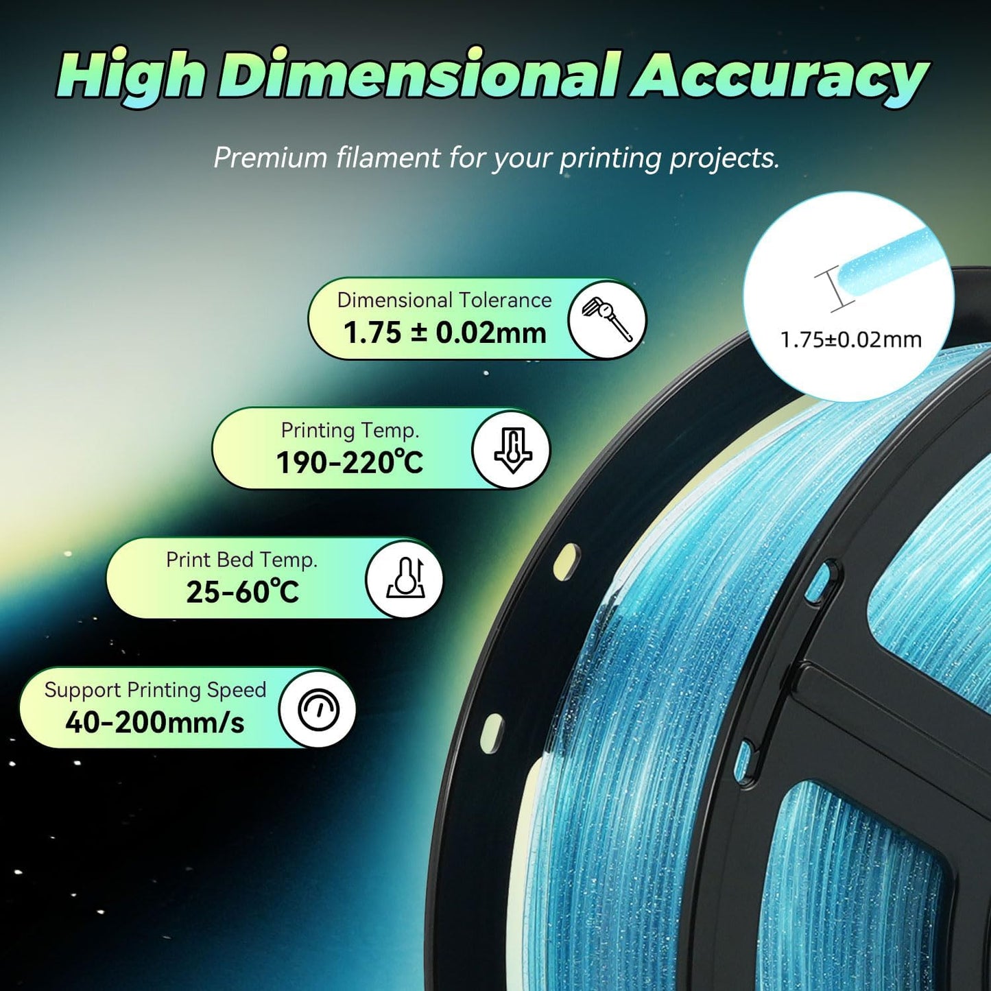 FLASHFORGE Translucent Glitter PLA Mermaid Tears Filament, Shiny Sparkling Gradient 3D Printer Filament, Fast Color Change Between Pale Blue and Light Blue, Adjustable Transparency