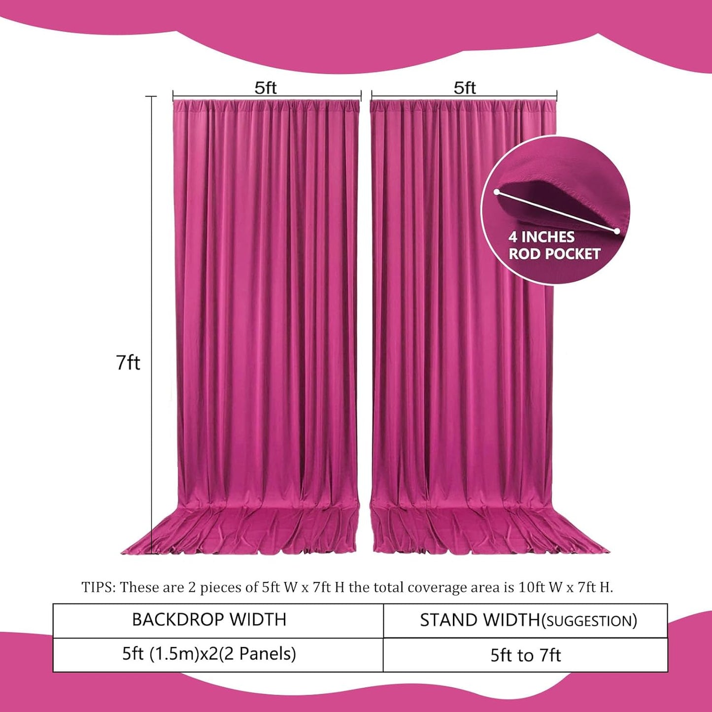 2 Panels Fuchsia Backdrop Curtain, 10 x 7 Feet Background Curtains for Parties, Weddings, Baby Showers, Bachelorette Halloween, Christmas Birthday Party Photoshoot Backdrop Curtains Decorations